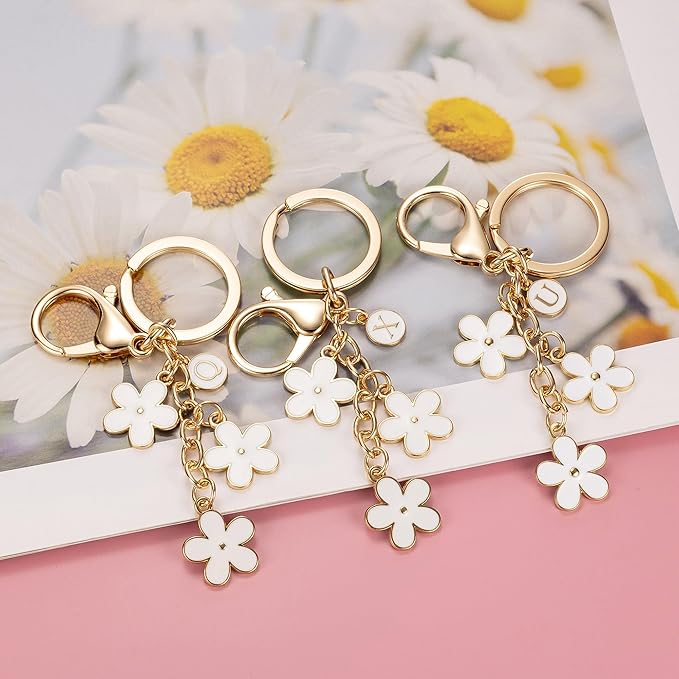 SELOVO Initial Keychain White/Pink/Black Cute Keychain Girl Purse Charms for Handbag Cute Letter Flower Keyring for Backpack