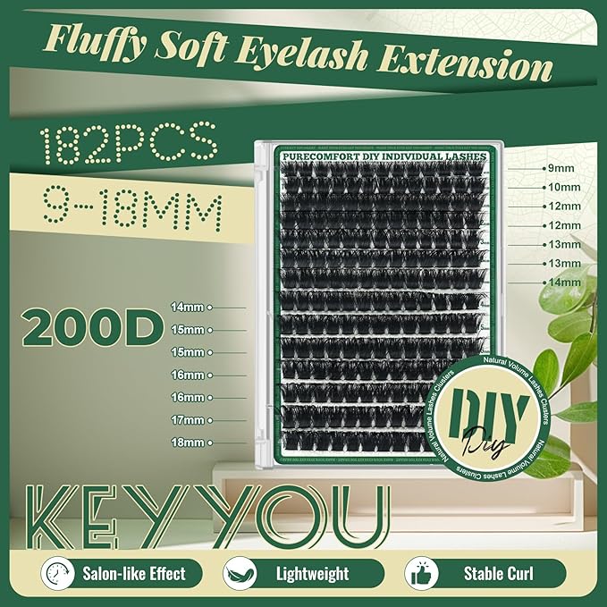 Lash Clusters 182Pcs Eyelash Clusters KEYYOU 200D D Curl 9-18MIX Clusters Lashes Thick Super Soft Wispy DIY Eyelash Extension at Home(200D-D,9-18MIX)