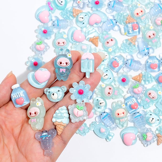 Charms 100PCS Mixed Kawaii Flatback Resin Charms for Crafts, Cabochon for DIY Projects, Slime Charm, Resin Art, Scrapbooking, Phone Case & Accessories (Blue)