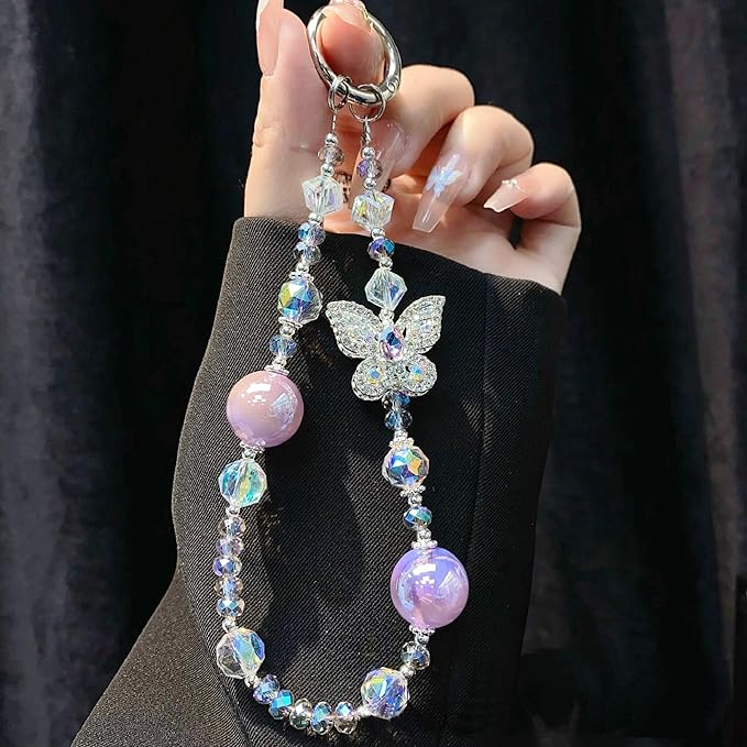 Crystal Butterfly Phone Charm, Pink Pearl Beaded Lanyard, Bling Shiny Wrist Strap Keychain for Purse Bags Car keys Earphones
