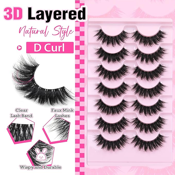 Focipeysa D Curl Lash Fluffy Volume Eyelash Thick False Eyelashes 16mm Lashes 8D Faux Mink Lash Dramatic Strip Eyelash Pack Lash that Look Like Extension 7 Pairs
