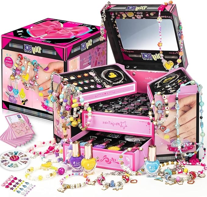 DIY Jewelry Making Kit for Girls, Pink Storage Box with Beads, Bracelets, Nail Polish, Craft Set with Dress Up Accessories, Ages 5-12