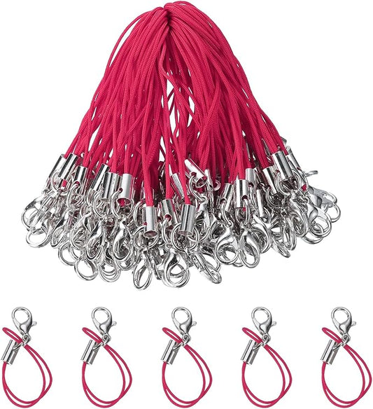 HARFINGTON 100Pcs Clasp Cords Lanyard Charm with Lobster Clasp for Cellphone Cases Keychain DIY Jewelry Making, Rose Red