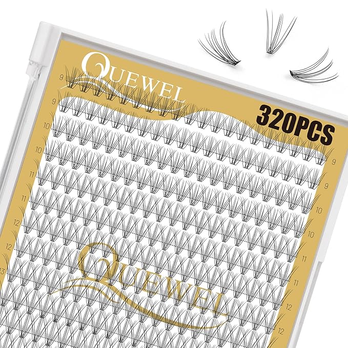 QUEWEL Lash Clusters 320Pcs Cluster Lashes 10D C Curl Lash Cluster Eyelash Extensions Mix9-16mm Individual Eyelashes Clusters Wispy Lash Clusters Thin Band Soft to Use at Home(10D C Mix9-16)