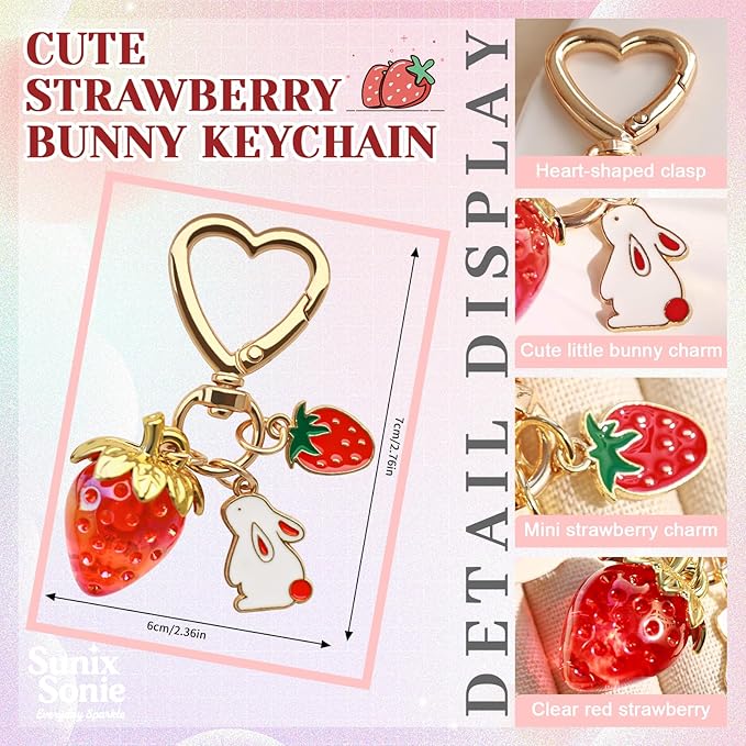 2Pcs Strawberry Keychain Charm Cute Bag Charms Flower Daisy Pearl Bow Keychain Strawberry gift for Women