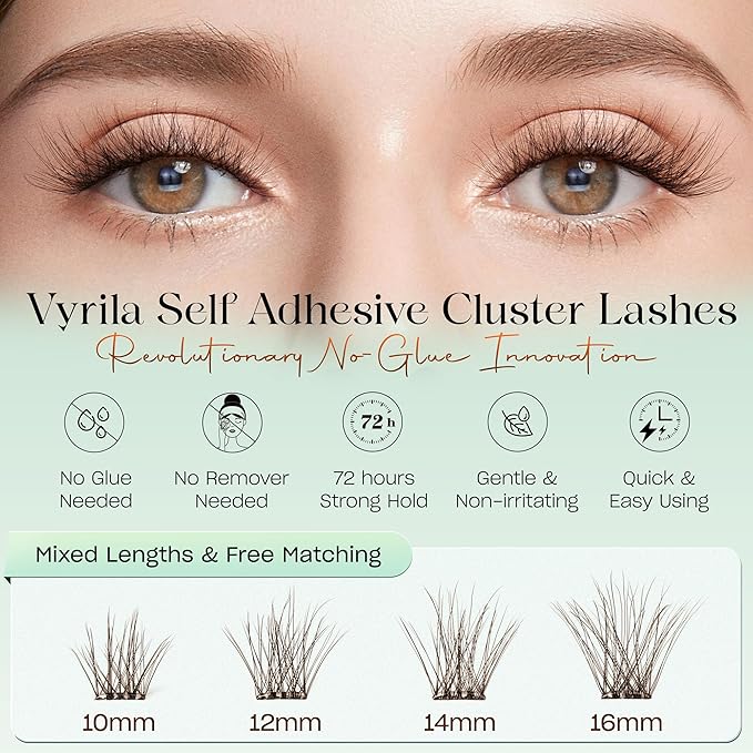 VYRILA Brown Self-Adhesive Lash Cluster Kit, Pre-Glued Clusters with Tweezers, Pop-On Faux Eyelashes, 3D Thin Band D Curl Natural Lahses, Easy to Apply, Reusable 0.05mm Eyelash Extensions (Hush-Brown)