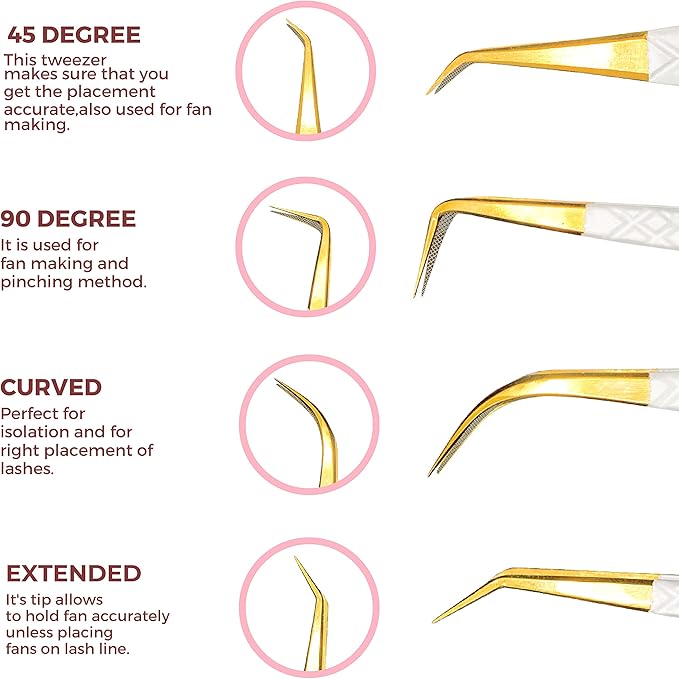 SIVOTE Fiber Tip Lash Tweezers for Eyelash Extensions with Diamond Grip, White, Set of 4 - Precise Tips Japanese Steel for Classic, Volume & Mega Volume Lashes, Anti-Rust - Ideal for Lash Artists