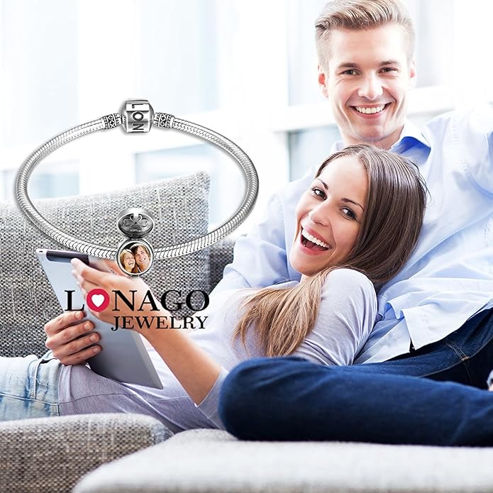 LONAGO 925 Sterling Silver Personalized Photo Charm Fit Compatible for Bracelet Necklace Customized Heart Round Shape Picture Bead