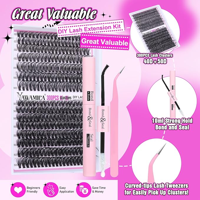 DIY Lash Extension Kit 300pcs Individual Lashes 9-18mm Mix 40D 50D Cluster Eyelash Extension Kit Wispy Lash Clusters with Lash Bond and Seal and Lash Tweezers for Lash Extension by Yawamica