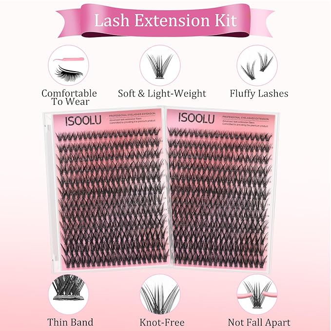 ISOOLU Fairy Lash Clusters Manga Individual Lashes C Curl Wispy Eyelash Clusters WideSpan Eyelash Extension Kit with Lash Bond and Seal Wet-Look Spiky Cluster Lashes (40D KIT 240pcs)