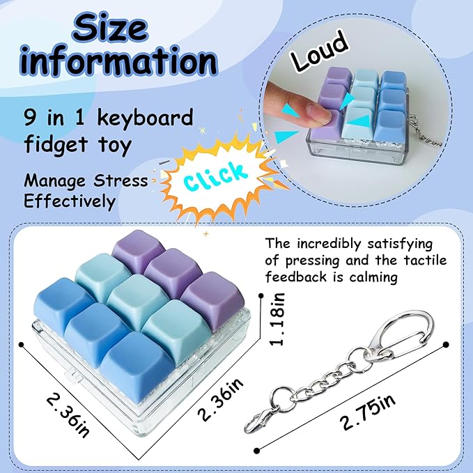 2 Pack 9 in 1 Keyboard Fidget Toy, Keyboard Fidget Keychain Anti-Stress Keyboard Decompression Button Finger Clicker Toys Stress Relief Fidget Gifts (Blue,Purple)