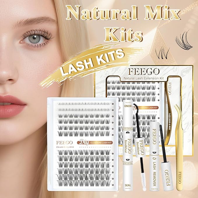 FEEGO Natural Mix Lash Kits 12 Row Upper Lash + Lower Lash Set 132pcs Lashes, Complete Eye Makeup Set 3D Curl Adapts to a wide range of eye shapes (Includes Lash Bond/Seal Glue/Remover/Tweezers)