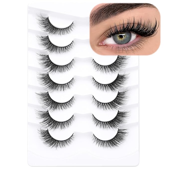 False Eyelashes Cat Eye Lashes Natural Fuzzy Eyelashes Wispy Strip Lashes Mink Volume Fake Eyelashes 7 Pairs Natural Lashes Cat Eye ALICROWN