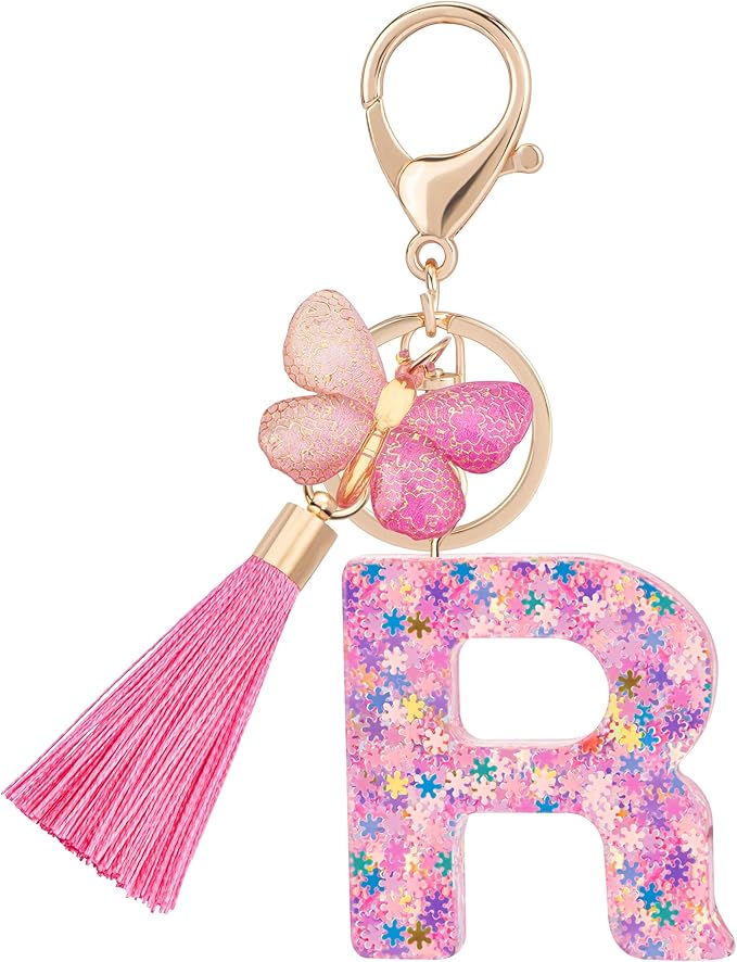 Suweibuke Cute Pink Key Chains for Women Girls, Initial Letter Keychains with Tassel, Charms for Key Purse Handbags Backpacks