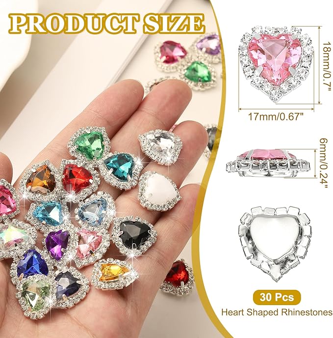 PATIKIL 30PCS Heart Rhinestones, Sew on Rhinestones Buttons Crystal Heart Nail Charm Embellishment Flatback Diamond for Sewing DIY Clothing Wedding, Pink