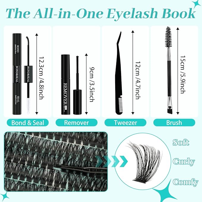 Lash Clusters Kit 640Pcs, 30D+40D+60D+80D Eyelash Extension Kit, Lash Bond and Seal Waterproof, Lash Remover, Lash Applicator Tool and Function Brush for DIY Lash Extension Kit(D-Mix9-16mm Kit)