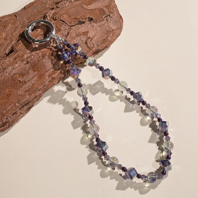Cell Phone Wrist Strap Crystal Beaded Phone Bracelet Strap For Women Sparkling Beads Wristlet Lanyard Beaded Chain (Night Purple)