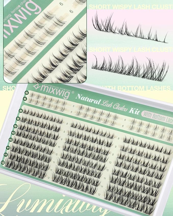 Short Lash Clusters Kit Natural Lash Extension Kit Wispy Eyelash Clusters with Bottom Lashes 6-12MM Manga Cluster Eyelash Extensions C Curly DIY Cluster Lashes Bond and Seal Tweezers by Lvmixwig