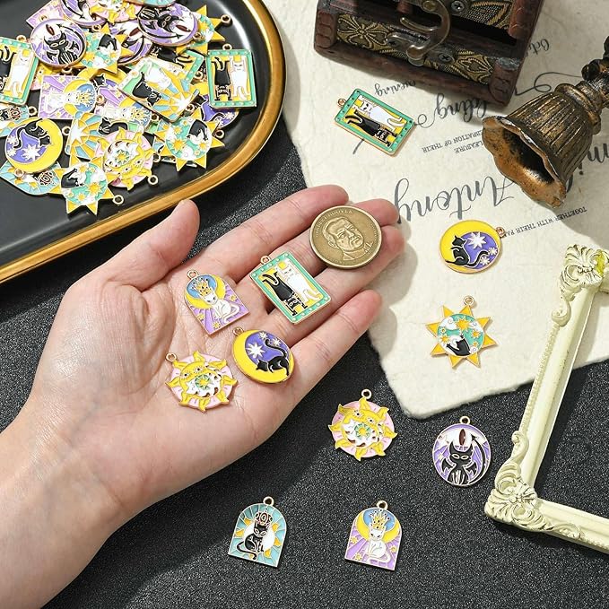 Stiesy 40 Pcs 8 Styles Alloy Enamel Black White Cat Tarot Card Charm Pendant Sun Shape Divination Amulet Metal Charms Pendants Bulk for Bracelet Jewelry Making Crafting DIY Decor