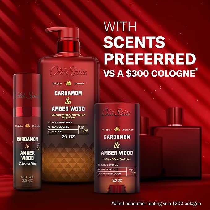 Old Spice Body Wash for Men, The Spice Alchemist Collection, 24/7 Cologne Infused Hydration, No Trade Off Formula, Free of Phthalates Silicones & Dyes, Cardamom + Amber Wood Scent, 20 oz