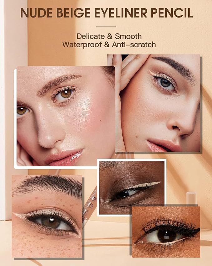 Nude Beige Water Line Gel Eyeliner Pencil-2Pcs Waterproof Longlasting Cream Eye Liner Waterline Brightener Pen,Smooth Easy-to-Sharpen Pencil with Sharpener,Thanksgiving Eye Makeup Gift Set for Girl