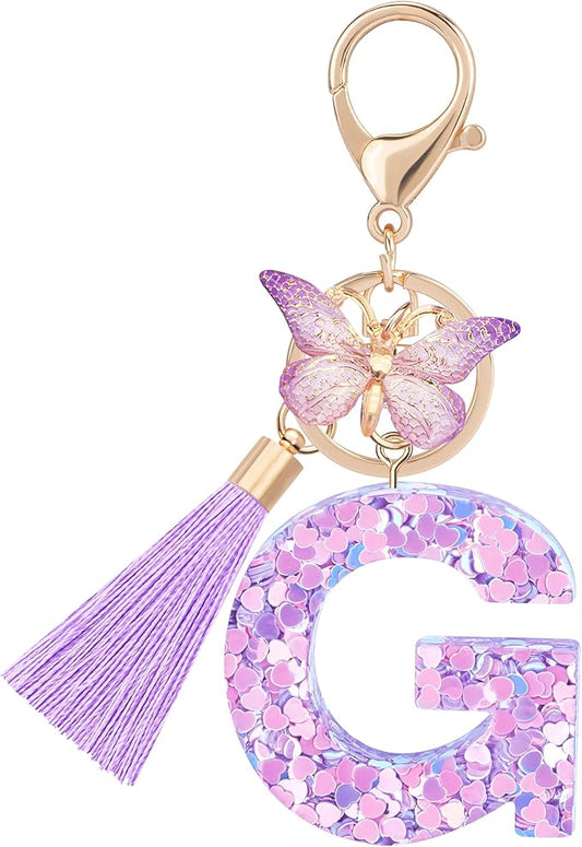 Initial letter Keychains for Women Girls Tassel Butterfly Cute Keychain for Wallet Backpack charm
