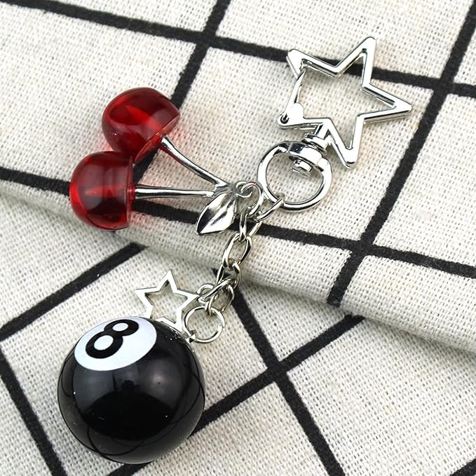 Lucky Dice Cherry Magic 8 Ball Keychain Billiard Ball Star Cherry Bags Charms Cute Y2k Keychain for Women Men