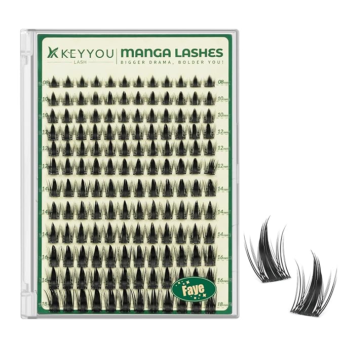 KEYYOU LASH Manga Lash Clusters 144pcs D Curl 8-18mm Fairy Eyelash Clusters Natural DIY Lash Extension Thick Wispy with Soft Thin Band(Faye)