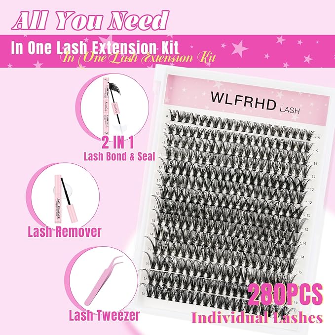 Lash Clusters Kit 280 Pcs DIY Individual Cluster Lashes D Curl Lash Extension Kit with Eyelash Bond and Seal, Remover, Tweezers Applicator Tool for False Eyelash Cluster Kit(40D, Mix9-16mm Kit)