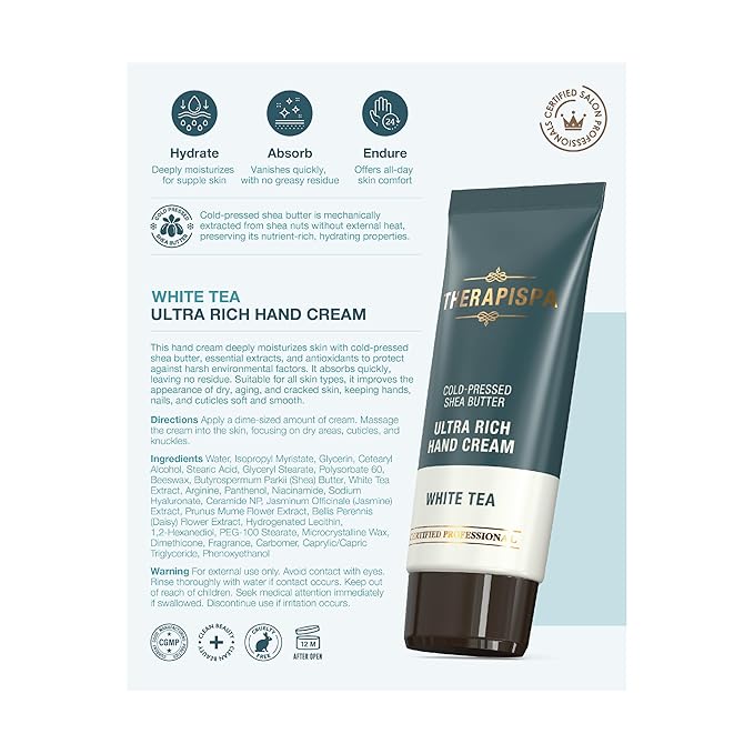 THERAPISPA Ultra Rich Hand Cream – Intensive Hydration & Repair for Dry, Chapped Hands | Enriched with Shea Butter, Ceramides, Niacinamide (B3) & Panthenol (B5) (White Tea, 2.0 oz, Pack of 5)