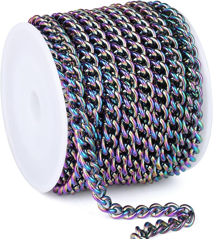 16.5FT Colorful Stainless Steel Curb Chains Roll, 6mm 304 Stainless Steel Multi Color Flat Twisted Links Curb Chains Bulk Spool for Jewelry Making DIY Craft