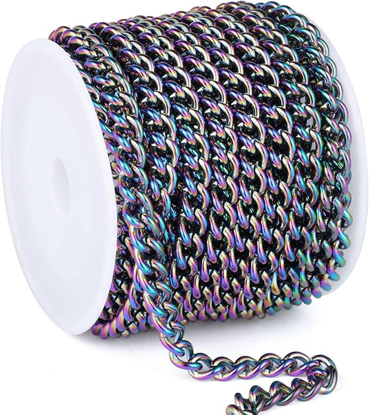 16.5FT Colorful Stainless Steel Curb Chains Roll, 6mm 304 Stainless Steel Multi Color Flat Twisted Links Curb Chains Bulk Spool for Jewelry Making DIY Craft