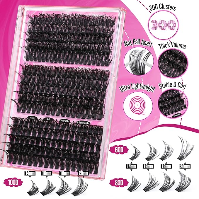 Yawamica Faux Mink Eyelash Extensions Kit, 300pcs 60D+80D+100D Individual Clusters, Black, Cruelty Free, DIY Lash Beginners