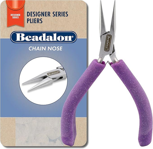 Beadalon Designer Series Glimmer Chain Nose Pliers, Lavender Speckle Vinyl-Free Grips, Stainless Steel, Box Joint, Double Leaf Springs, 4.75 in