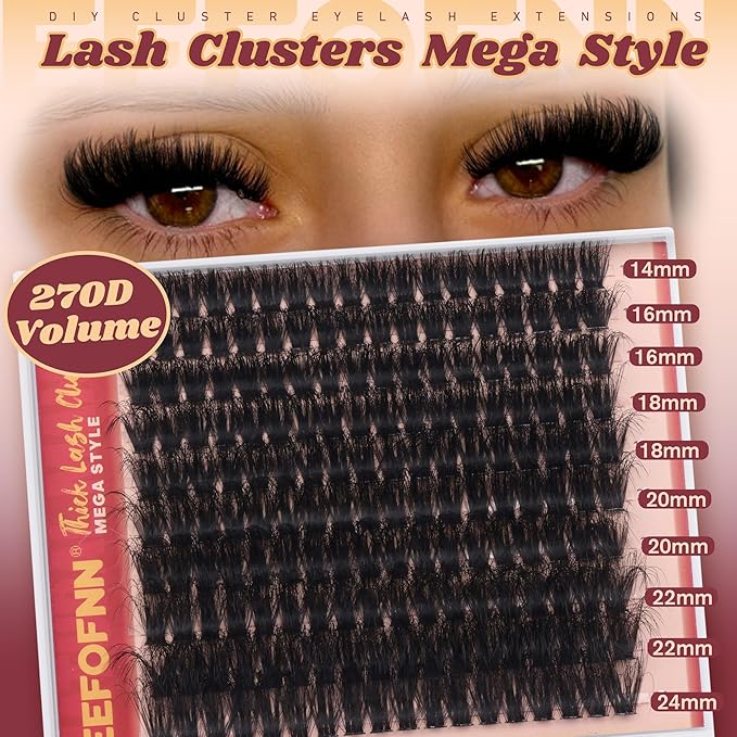 Fluffy Lash Clusters 270D Volume Eyelash Clusters Dramatic Thick Individual Lashes 14-24mm Long Cluster Eyelash Extensions DIY Mega Lash Extension by Eefofnn