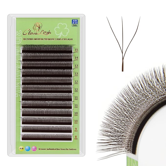 GLAMLASH W Eyelash Extensions 3D Volume Premade Fan Natural Soft Matte Lash Professional Salon Supplies (3D,0.07,C,8-12mm,Brown)