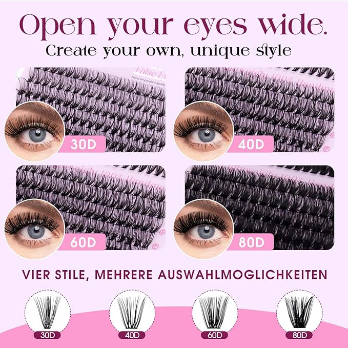 Lash Clusters Kit 30D+40D+60D+80D Wispy Individual Lashes Kit D-Curly Volume Lash Extensions 10-18mm Natural DIY Cluster Lashes Kit for Beginners