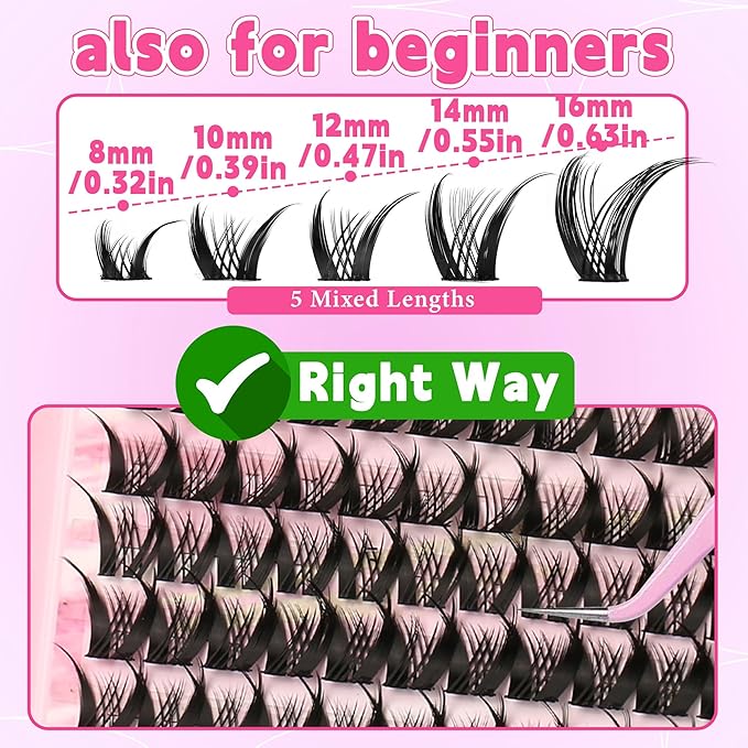 Volume Lash Clusters Kit Spiky Manga 8-16mm Natural Wispy Eyelash Clusters C/D Curl Eyelash Extension Kit Spiky Individual Lash Eyelash Clusters with 0.05mm Ultra-Thin Black Band