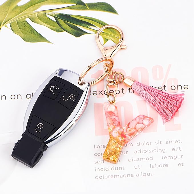 Suweibuke Cute Pink Key Chains for Women Girls, Initial Letter Keychains with Tassel, Charms for Key Purse Handbags Backpacks