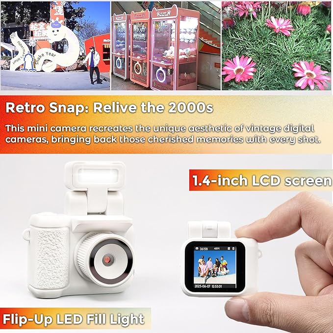 Small Digital Camera Keychain with Flash Light 1080p Tiny Camera Mini Retro Micro 1.4 in LCD Screen 32GB Card Charging Base Compact Portable Recorder for Travel Study Recording (White)