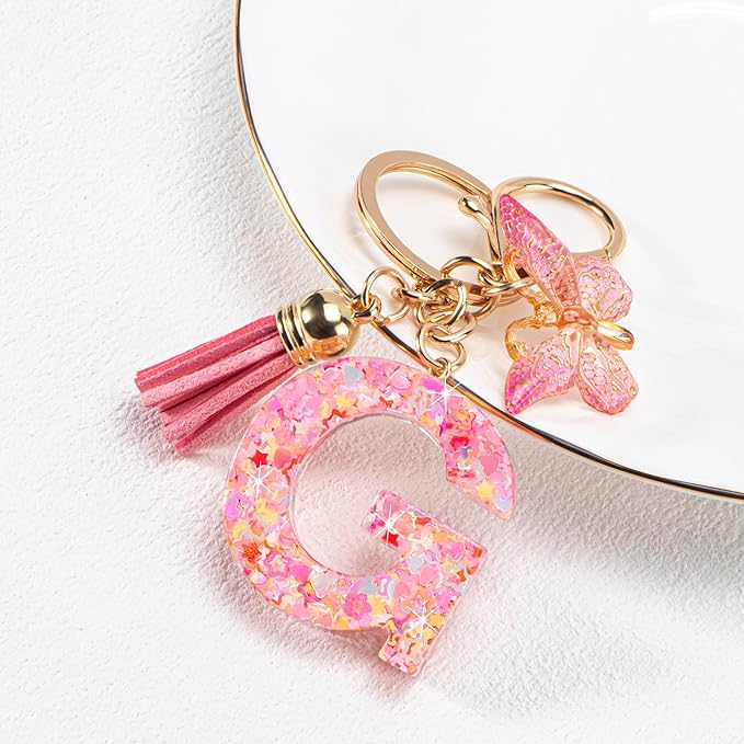 Initial letter Keychains for Women Girls Tassel Butterfly Cute Keychain for Wallet Backpack charm