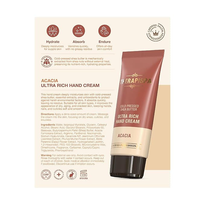 THERAPISPA Ultra Rich Hand Cream – Intensive Hydration & Repair for Dry, Chapped Hands | Enriched with Shea Butter, Ceramides, Niacinamide (B3) & Panthenol (B5) (Acacia, 2.0 oz, Pack of 1)