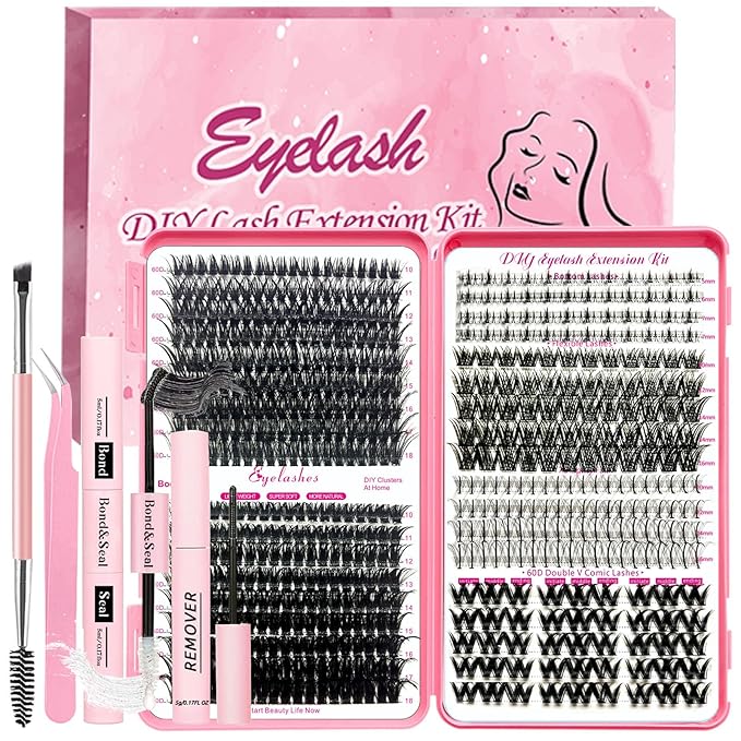 Qiveaory DIY Lash Extension Kit 584 Pcs Individual Lashes Clusters with Bottom Lashes Lash Bond and Seal,Eyelash Remover Tweezers Brush Eyelash Extension Set Lash Books DIY at Home