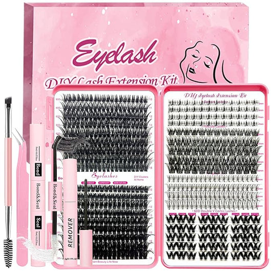 Qiveaory DIY Lash Extension Kit 584 Pcs Individual Lashes Clusters with Bottom Lashes Lash Bond and Seal,Eyelash Remover Tweezers Brush Eyelash Extension Set Lash Books DIY at Home