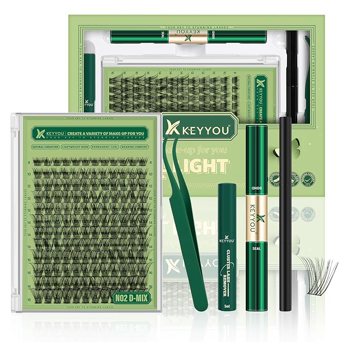 Natural Lash Clusters Kit 144Pcs DIY Lash Extension Kit Wispy Eyelash Extensions Kit D Curl 8-18MIX with Bond and Seal and tweezers with Thin Lash Band by KEYYOU（KIT-N02-D-8-18MIX）