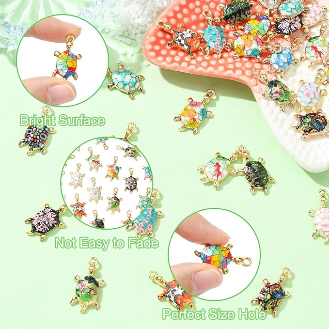 Stiesy 30 Pcs 15 Styles Alloy Enamel Tortoise Charms Pendants Colorful Sea Animal Turtle Dangle Charms Pendant for DIY Jewelry Making Necklace Bracelet Earring keychain Crafts