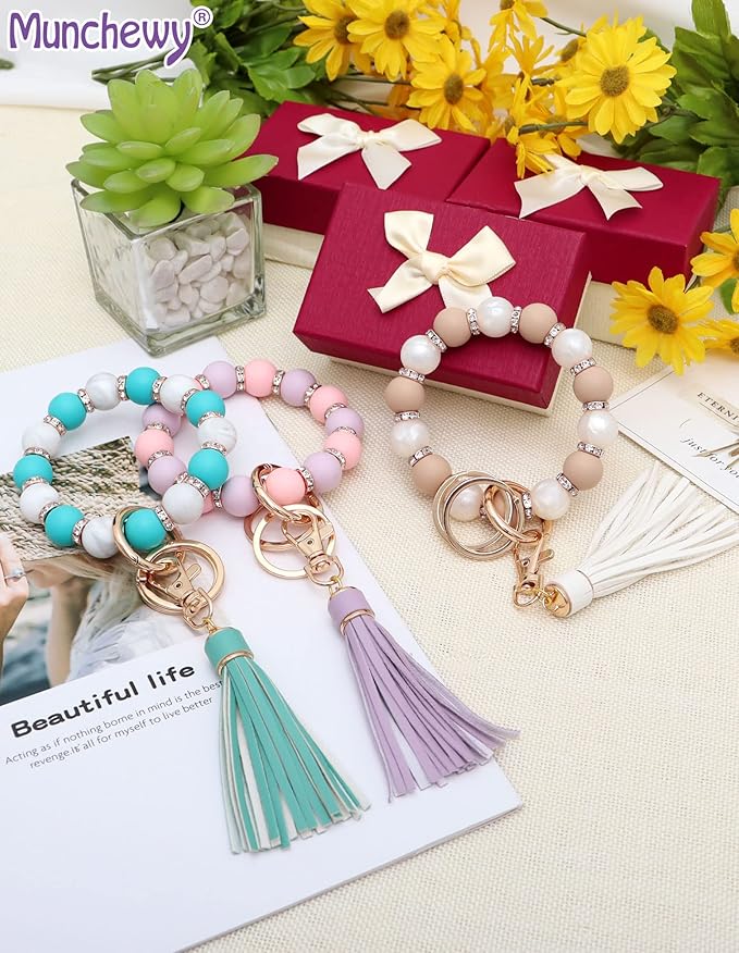 Munchewy Silicone Key Ring Bracelet for Women, Beaded Wristlet Keychain Key Holder with Zircon Tassel for Mother's Day Gift