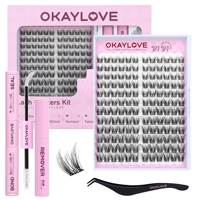OKAYLOVE Wispy Lash Clusters Kit, VIVI 10-16mm Natural Cluster Eyelash Extensions Kit, 144pcs CC Curl DIY Individual Lashes Black Band Natural Look Eyelashes with Bond and Seal, Remover, Tweezers