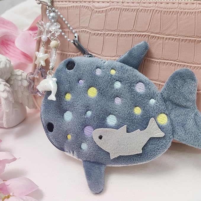 Adorable Whale Shark Coin Purse Keychain,Soft Plush Zipper Coin Purse,Handmade Purse Bag Charm Gift for Women (Grey)