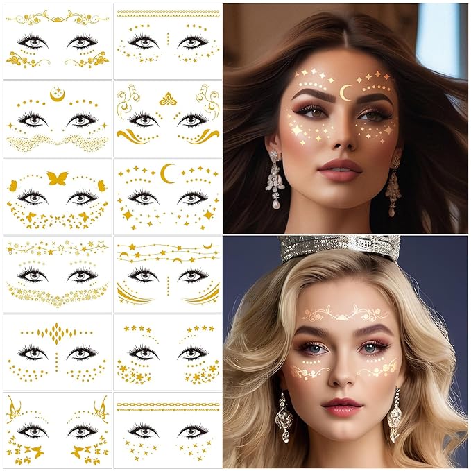 12 Pcs Gold Glitter Freckles Face Tattoo,Sparkle Makeup Patches Metallic Face Temporary Tattoos Stickers,Gold Face Freckle Tattoo for Women Halloween Christmas Party Decor 638